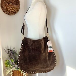 NEW Anna Paola Italian Suede Studded Hobo Crossbody Shoulder Bag in brown NWT